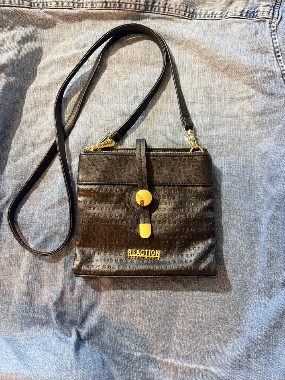 Kenneth Cole Reaction Black Leather Crossbody with Gold Hardware